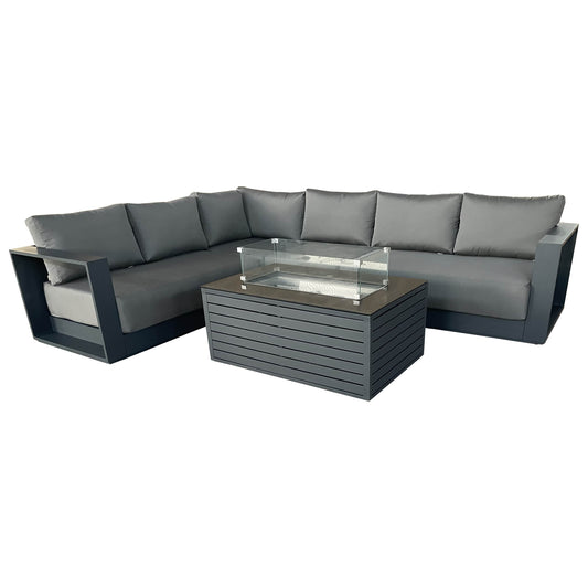 CIEUX Lyon 2 Piece Outdoor Patio Aluminum Metal L Shaped Sectional and Annency Fire Pit Coffee Table in Midnight Grey with Sunbrella Cushions, image 2