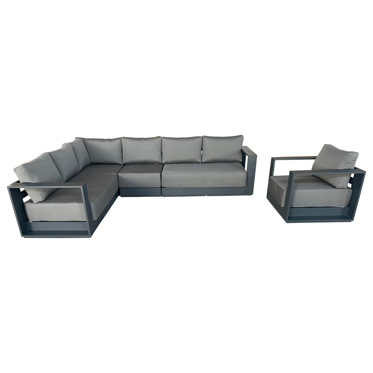 CIEUX Lyon 2 Piece Outdoor Patio Aluminum Metal L Shaped Sectional and Club Chair in Midnight Grey with Sunbrella Cushions, image 3