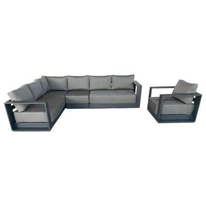 CIEUX Lyon 2 Piece Outdoor Patio Aluminum Metal L Shaped Sectional and Club Chair in Midnight Grey with Sunbrella Cushions, image 3