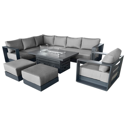 CIEUX Sectional Canvas Charcoal / Without Patio Covers Lyon 5 Piece Outdoor Patio Aluminum Metal L-Shaped Sectional Sofa, Club Chair, 2 Ottomans, and Alsace Fire Pit Adjustable Height Table in Midnight Grey with Sunbrella Cushions - Available in 2 Colours