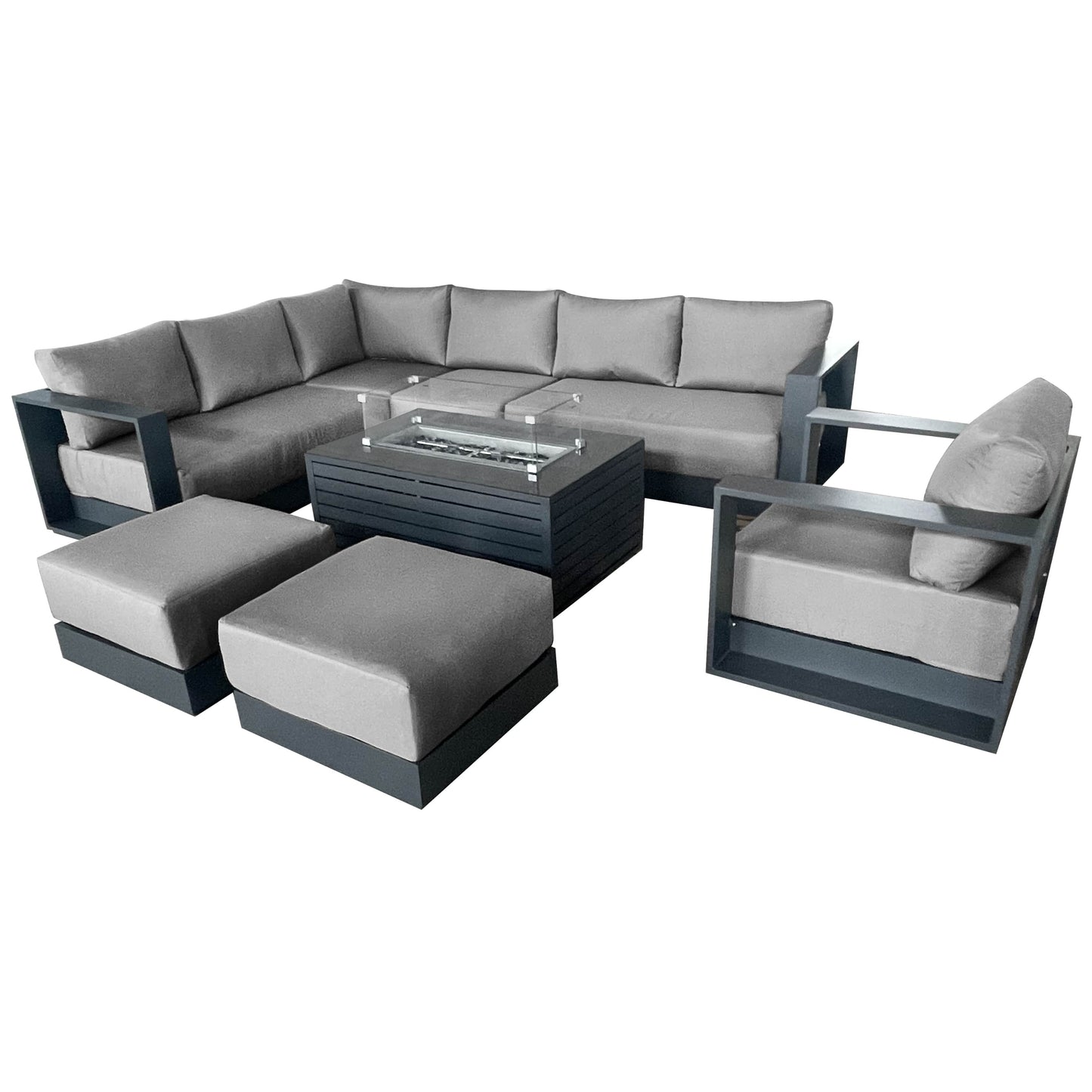 CIEUX Sectional Canvas Charcoal / Without Patio Covers Lyon 5 Piece Outdoor Patio Aluminum Metal L-Shaped Sectional Sofa, Club Chair, 2 Ottomans, and Annency Fire Pit Coffee Table in Midnight Grey with Sunbrella Cushions - Available in 2 Colours