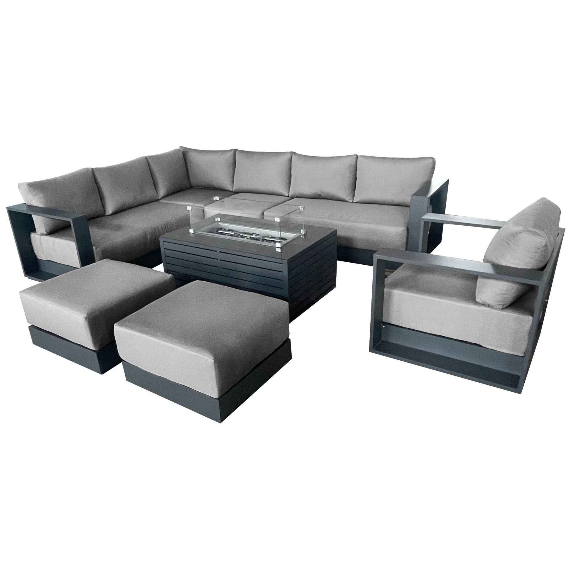 CIEUX Sectional Canvas Charcoal / Without Patio Covers Lyon 5 Piece Outdoor Patio Aluminum Metal L-Shaped Sectional Sofa, Club Chair, 2 Ottomans, and Annency Fire Pit Coffee Table in Midnight Grey with Sunbrella Cushions - Available in 2 Colours