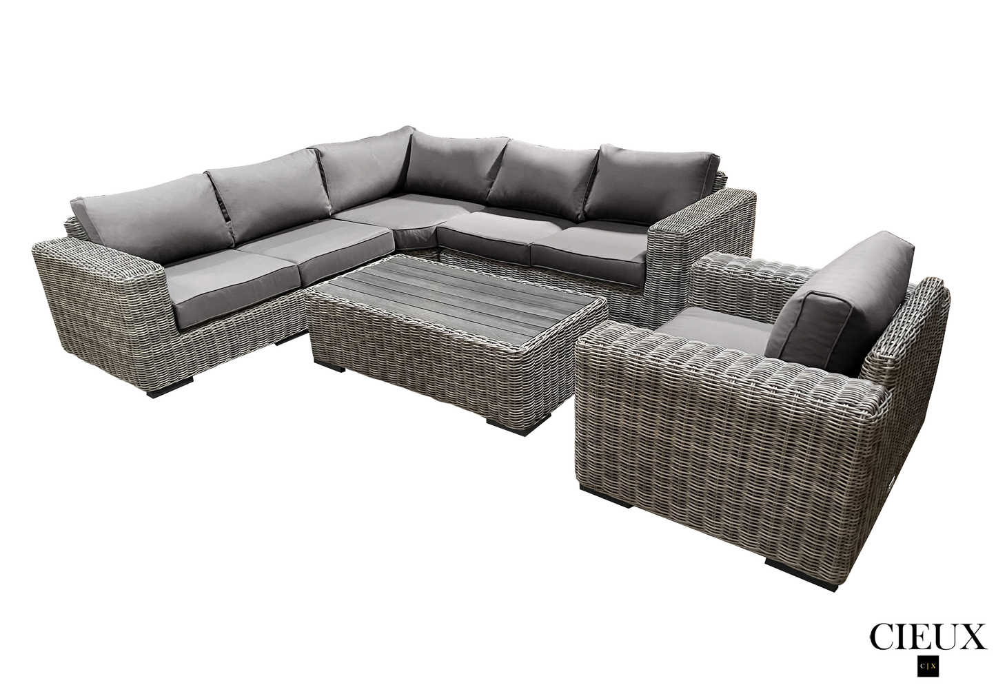 CIEUX Champagne 3 Piece Outdoor Patio Wicker Corner Sectional Sofa, Coffee Table and Club Chair Set in Grey with Sunbrella Cushions, image 10