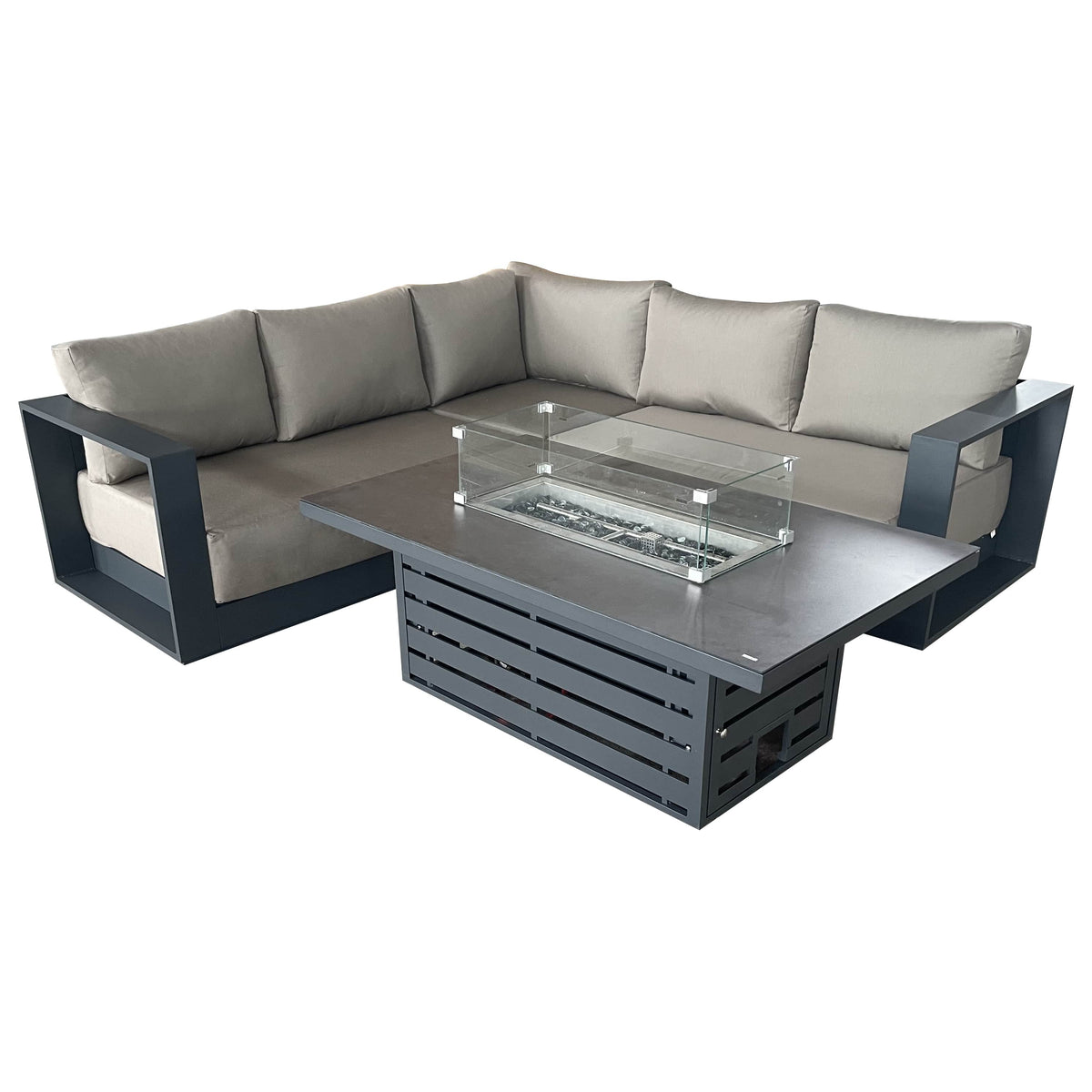 CIEUX Lyon 2 Piece Outdoor Patio Aluminum Metal Corner Sectional and Alsace Fire Pit Adjustable Height Table in Midnight Grey with Sunbrella Cushions, image 14