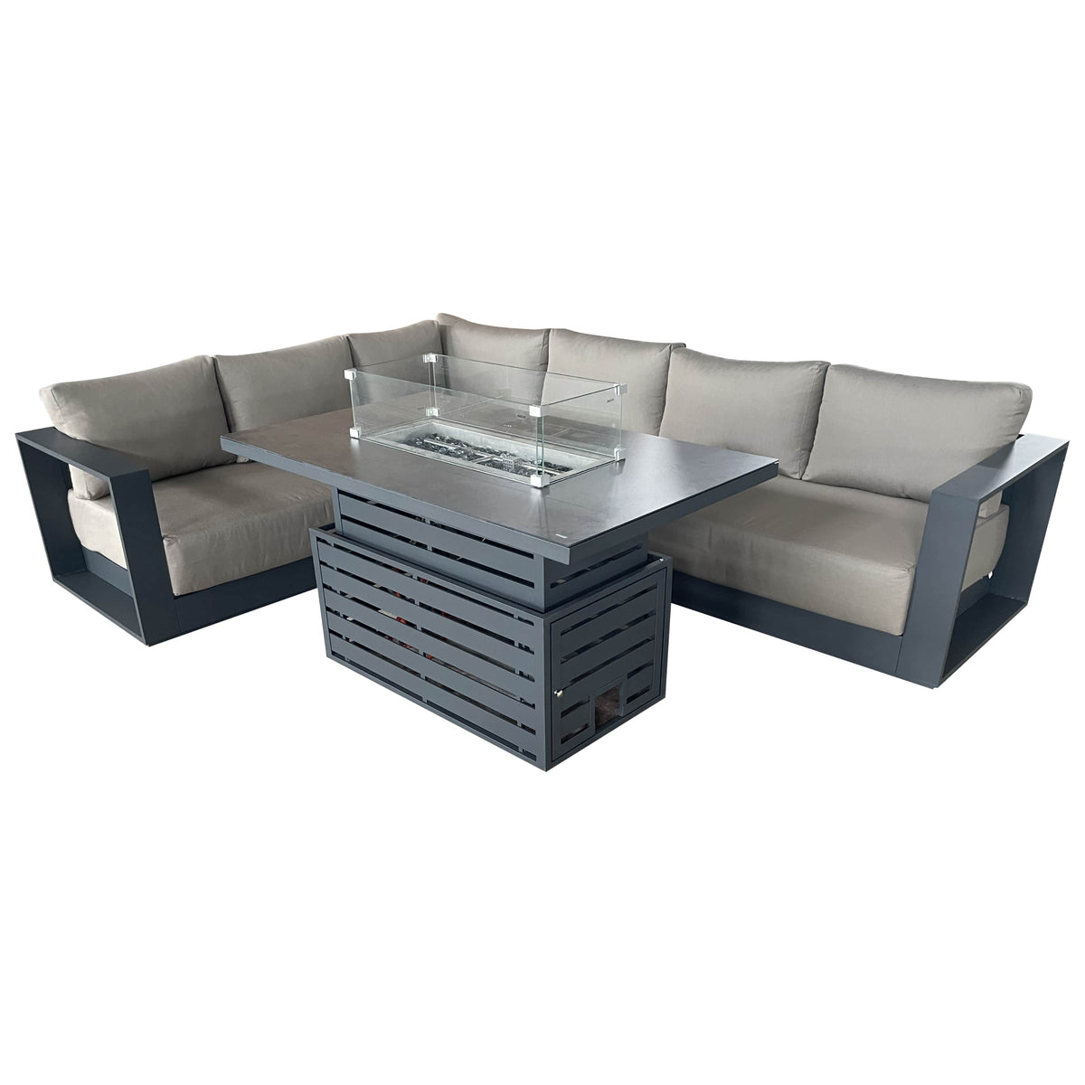 CIEUX Lyon 2 Piece Outdoor Patio Aluminum Metal L Shaped Sectional and Alsace Fire Pit Adjustable Height Table in Midnight Grey with Sunbrella Cushions, image 14