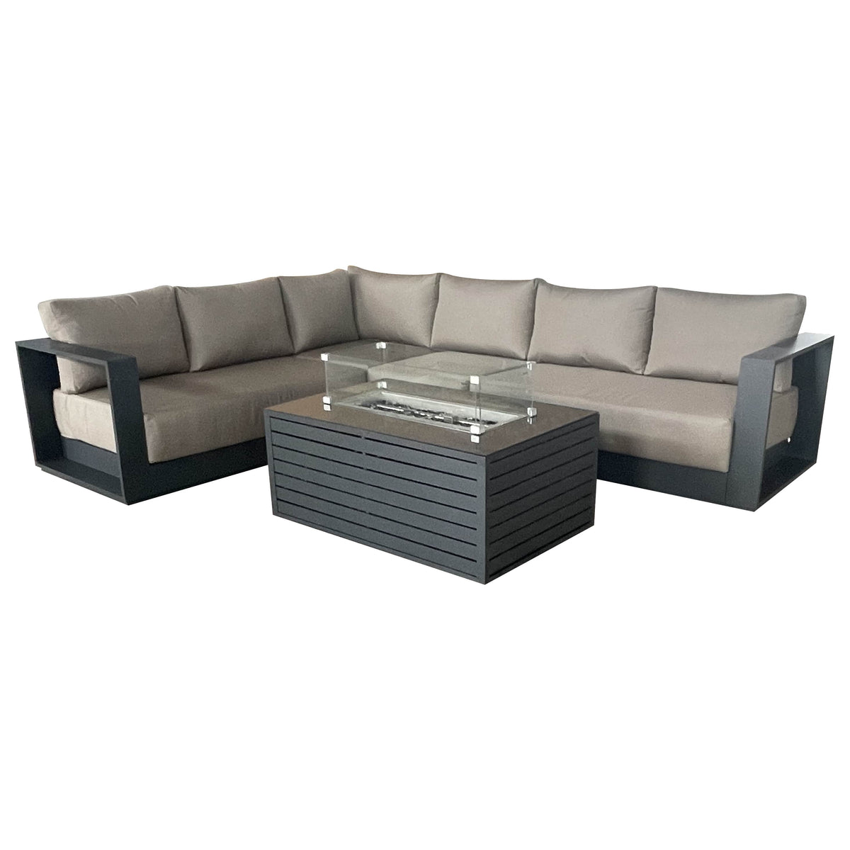 CIEUX Lyon 2 Piece Outdoor Patio Aluminum Metal L Shaped Sectional and Annency Fire Pit Coffee Table in Midnight Grey with Sunbrella Cushions, image 9
