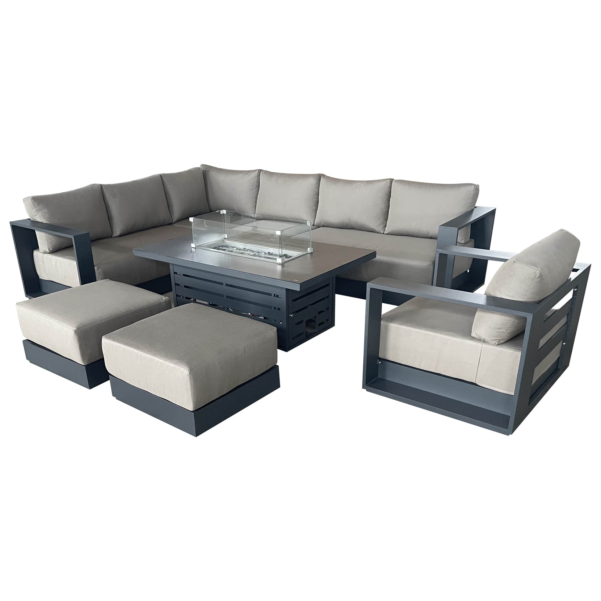 CIEUX Sectional Canvas Taupe / Without Patio Covers Lyon 5 Piece Outdoor Patio Aluminum Metal L-Shaped Sectional Sofa, Club Chair, 2 Ottomans, and Alsace Fire Pit Adjustable Height Table in Midnight Grey with Sunbrella Cushions - Available in 2 Colours