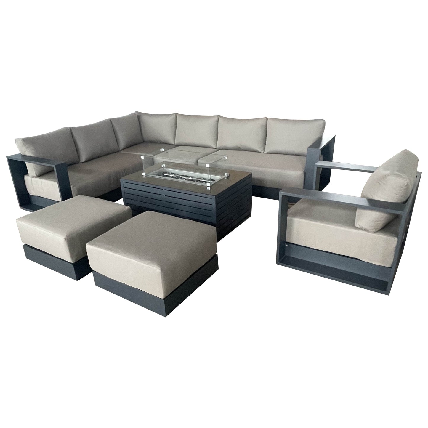 CIEUX Sectional Canvas Taupe / Without Patio Covers Lyon 5 Piece Outdoor Patio Aluminum Metal L-Shaped Sectional Sofa, Club Chair, 2 Ottomans, and Annency Fire Pit Coffee Table in Midnight Grey with Sunbrella Cushions - Available in 2 Colours