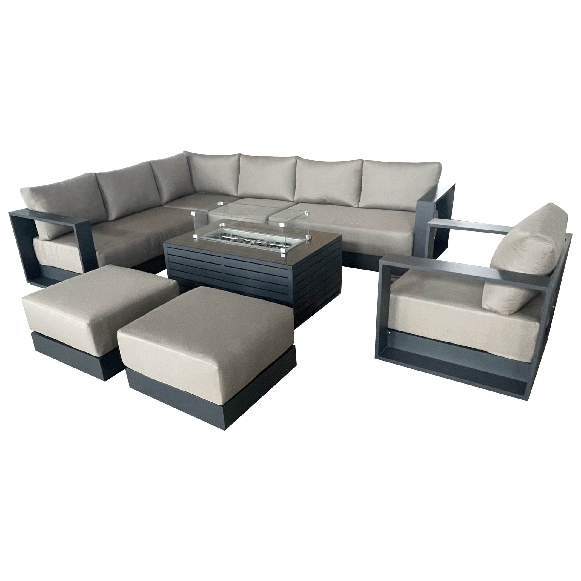 CIEUX Sectional Canvas Taupe / Without Patio Covers Lyon 5 Piece Outdoor Patio Aluminum Metal L-Shaped Sectional Sofa, Club Chair, 2 Ottomans, and Annency Fire Pit Coffee Table in Midnight Grey with Sunbrella Cushions - Available in 2 Colours