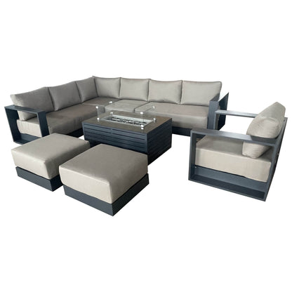 CIEUX Lyon 5 Piece Outdoor Patio Aluminum Metal L Shaped Sectional Sofa, Club Chair, 2 Ottomans, and Annency Fire Pit Coffee Table in Midnight Grey with Sunbrella Cushions, image 11