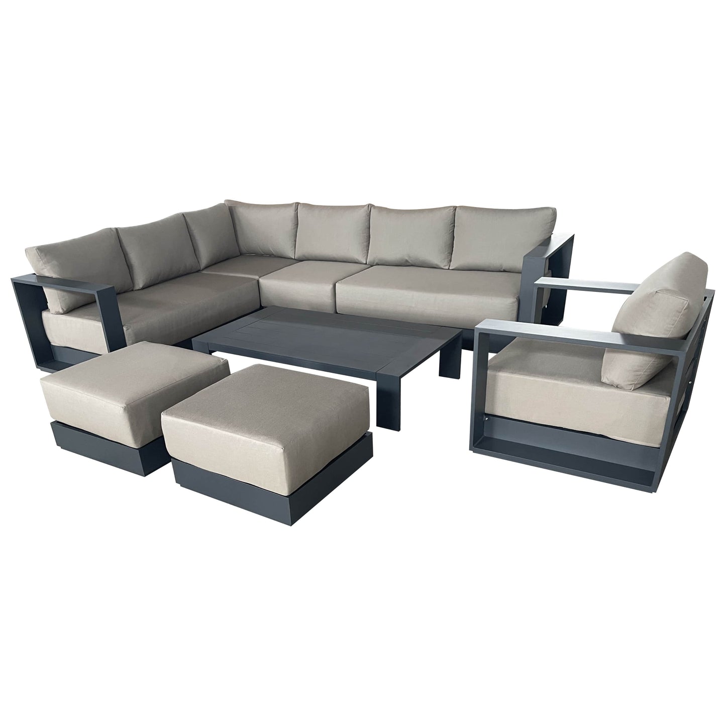 CIEUX Sectional Canvas Taupe / Without Patio Covers Lyon 5 Piece Outdoor Patio Aluminum Metal L-Shaped Sectional Sofa, Club Chair, 2 Ottomans, and Coffee Table Set in Midnight Grey with Sunbrella Cushions - Available in 2 Colours