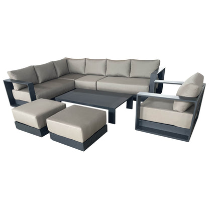 CIEUX Lyon 5 Piece Outdoor Patio Aluminum Metal L Shaped Sectional Sofa, Club Chair, 2 Ottomans, and Coffee Table Set in Midnight Grey with Sunbrella Cushions, image 11