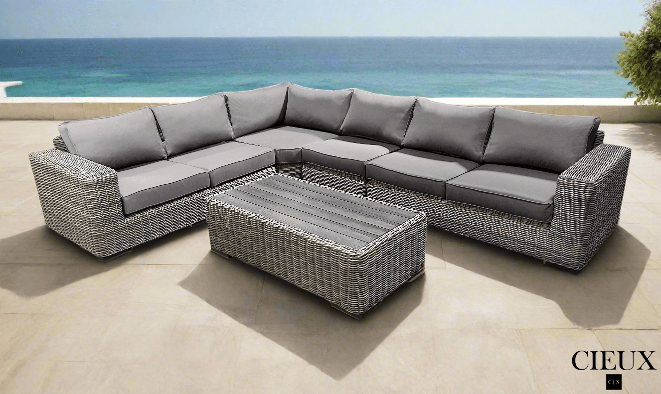 CIEUX Champagne 2 Piece Outdoor Patio Wicker L Shaped Sectional Sofa and Coffee Table Set in Grey with Sunbrella Cushions, image 7