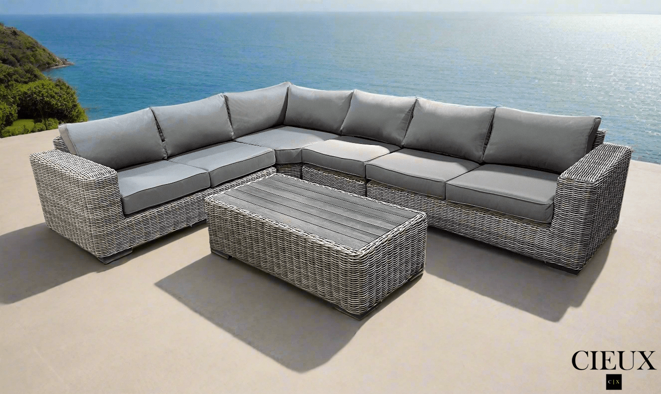 CIEUX Champagne 2 Piece Outdoor Patio Wicker L Shaped Sectional Sofa and Coffee Table Set in Grey with Sunbrella Cushions, image 2