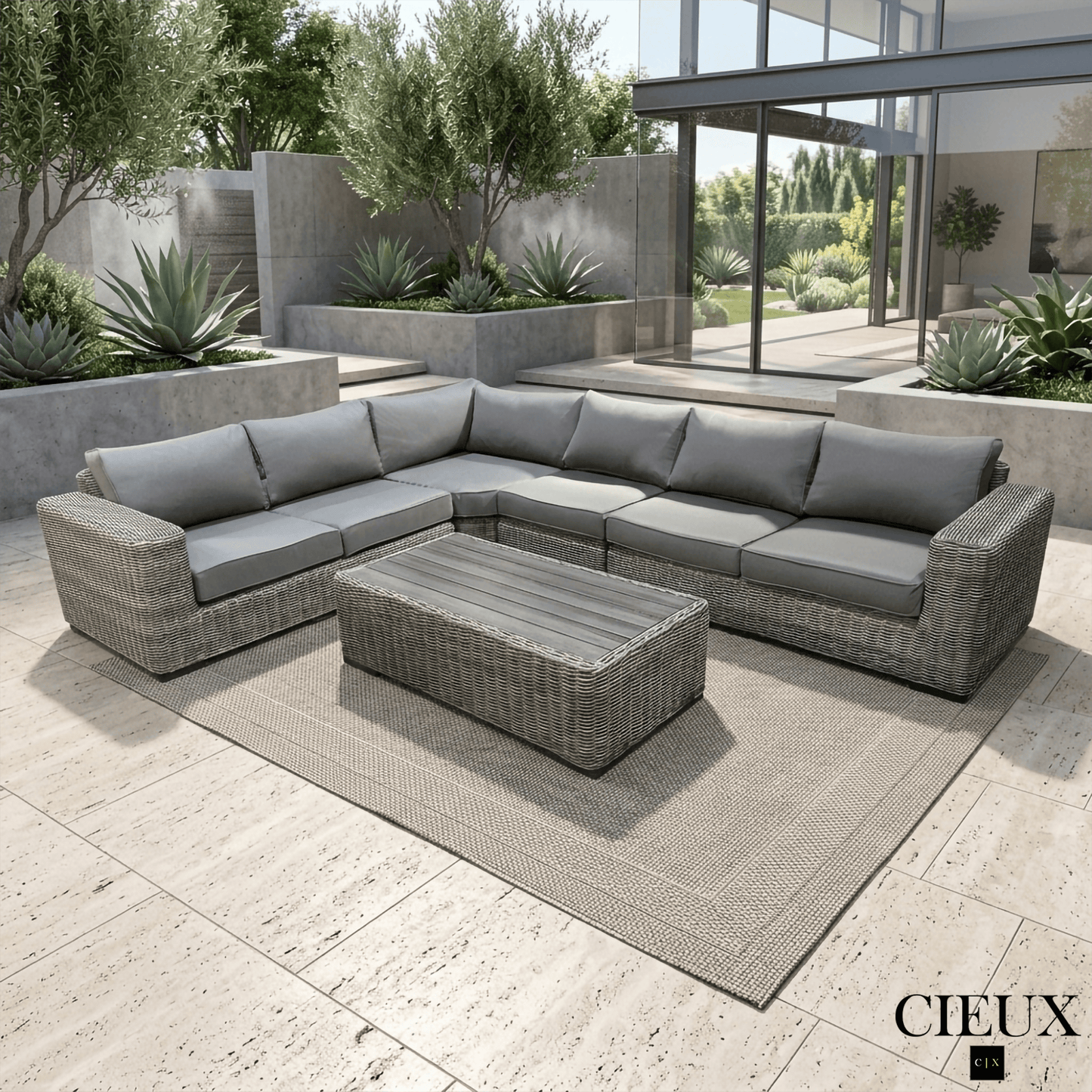 CIEUX Champagne 2 Piece Outdoor Patio Wicker L Shaped Sectional Sofa and Coffee Table Set in Grey with Sunbrella Cushions, image 1