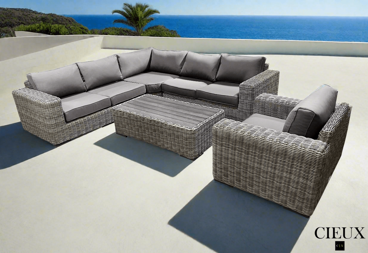 CIEUX Champagne 3 Piece Outdoor Patio Wicker Corner Sectional Sofa, Coffee Table and Club Chair Set in Grey with Sunbrella Cushions, image 9