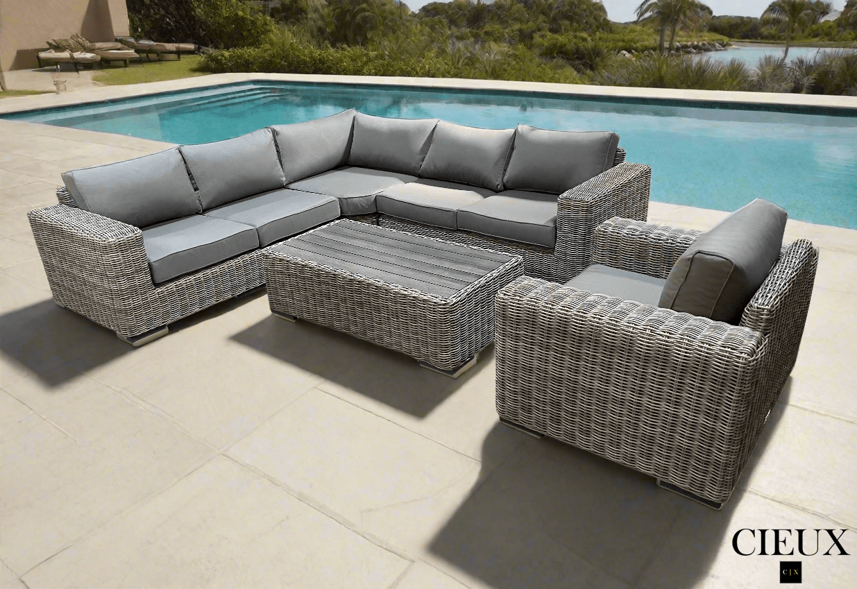 CIEUX Champagne 3 Piece Outdoor Patio Wicker Corner Sectional Sofa, Coffee Table and Club Chair Set in Grey with Sunbrella Cushions, image 2
