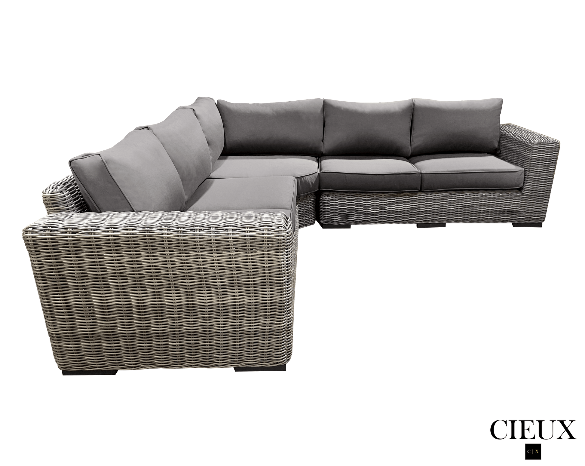 CIEUX Champagne 3 Piece Outdoor Patio Wicker Corner Sectional Sofa, Coffee Table and Club Chair Set in Grey with Sunbrella Cushions, image 12