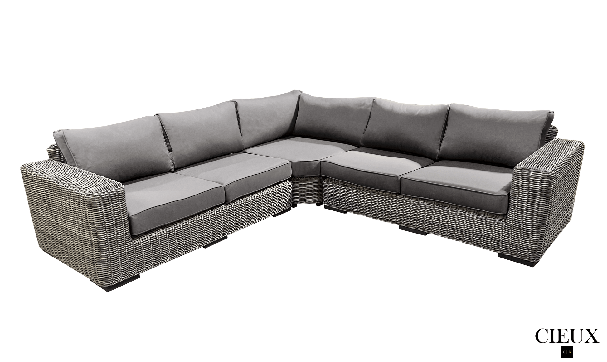 CIEUX Sectional Champagne 3 Piece Outdoor Patio Wicker Corner Sectional Sofa, Coffee Table and Club Chair Set in Grey with Sunbrella Cushions - Available in 2 Colours