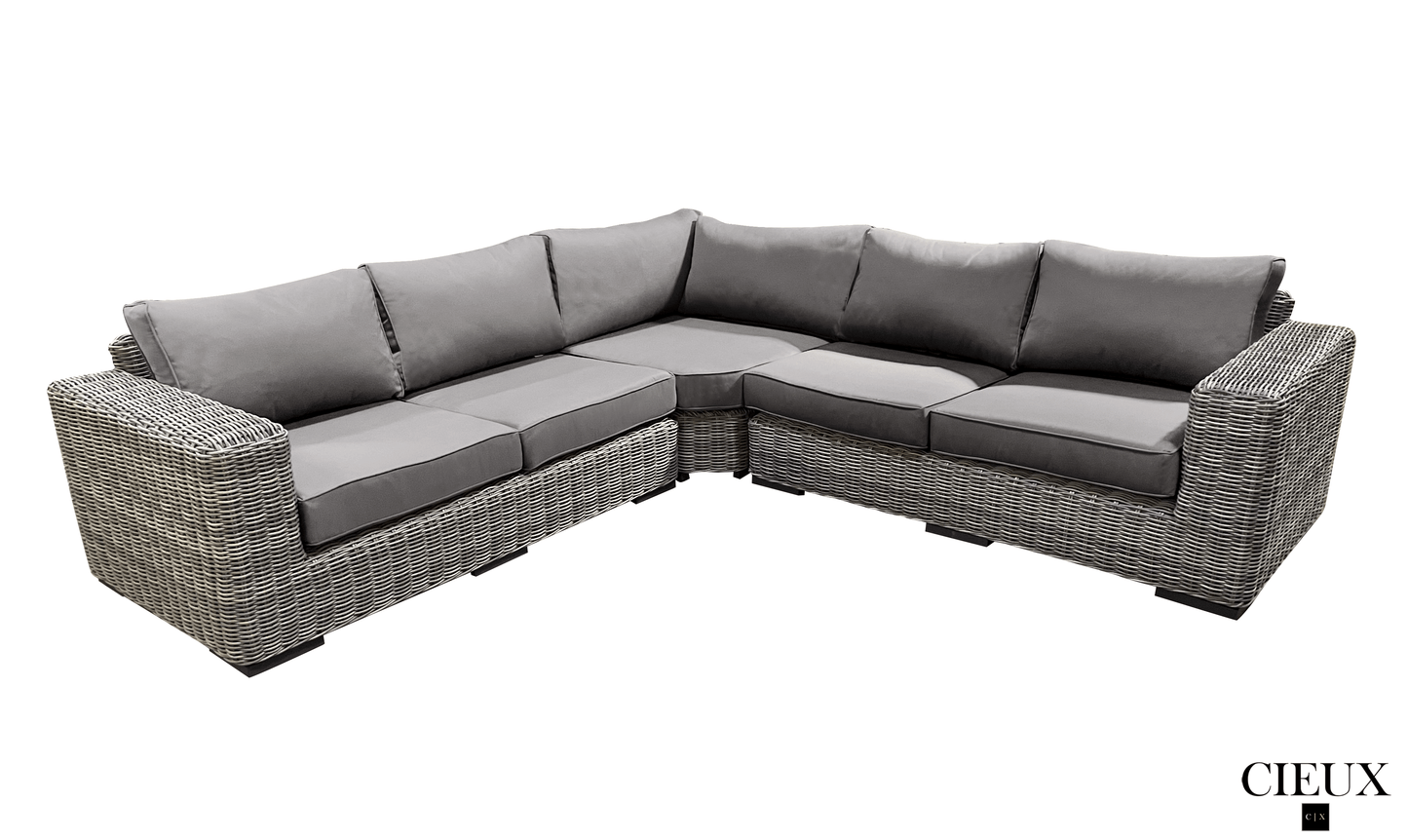 CIEUX Champagne 3 Piece Outdoor Patio Wicker Corner Sectional Sofa, Coffee Table and Club Chair Set in Grey with Sunbrella Cushions, image 11