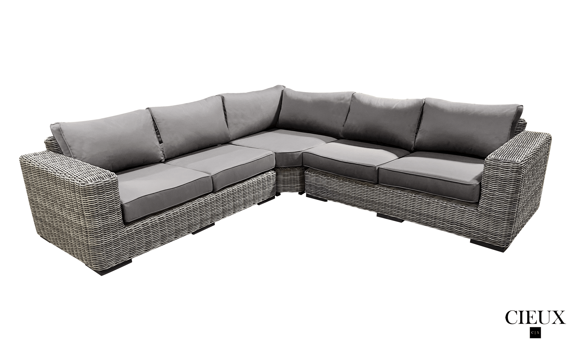 CIEUX Champagne 3 Piece Outdoor Patio Wicker Corner Sectional Sofa, Coffee Table and Club Chair Set in Grey with Sunbrella Cushions, image 11