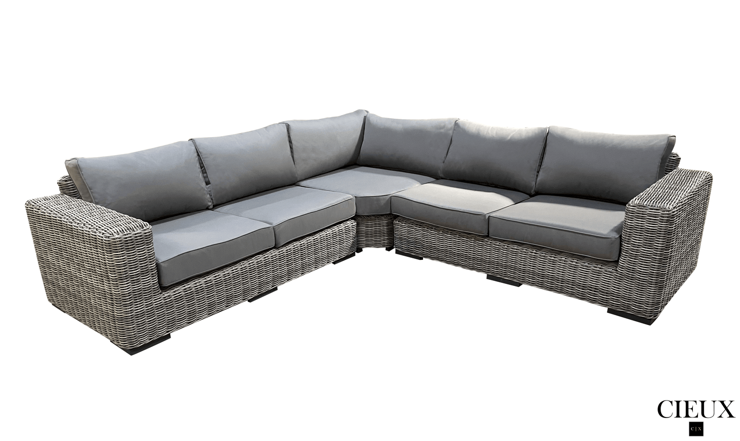 CIEUX Champagne 3 Piece Outdoor Patio Wicker Corner Sectional Sofa, Coffee Table and Club Chair Set in Grey with Sunbrella Cushions, image 4