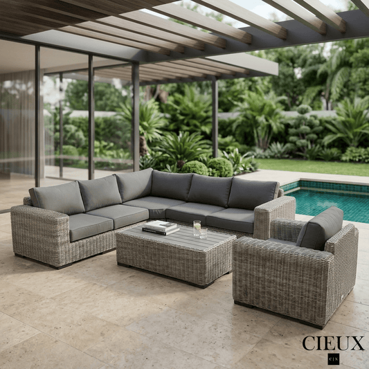CIEUX Sectional Champagne 3 Piece Outdoor Patio Wicker Corner Sectional Sofa, Coffee Table and Club Chair Set in Grey with Sunbrella Cushions - Available in 2 Colours