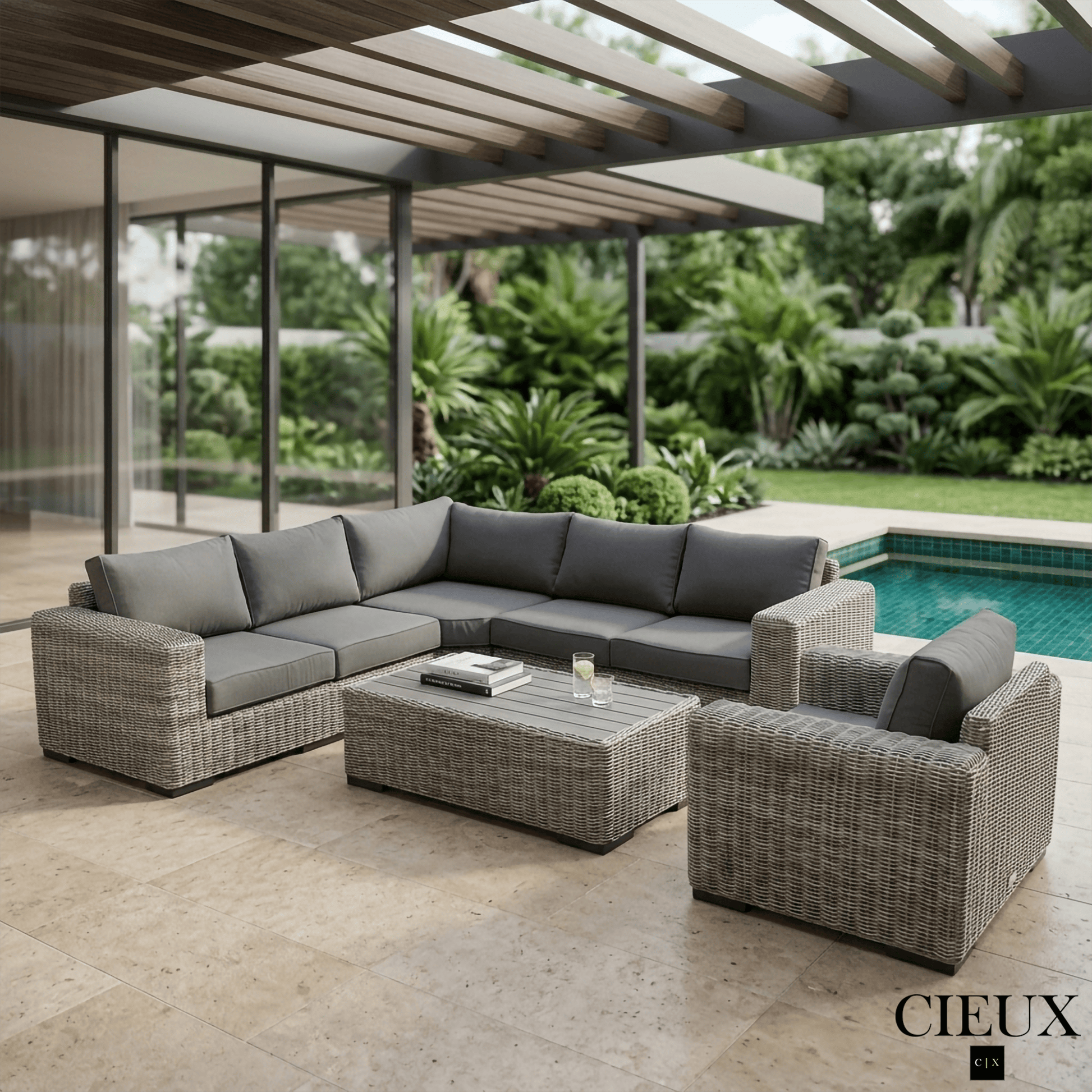 CIEUX Champagne 3 Piece Outdoor Patio Wicker Corner Sectional Sofa, Coffee Table and Club Chair Set in Grey with Sunbrella Cushions, image 1
