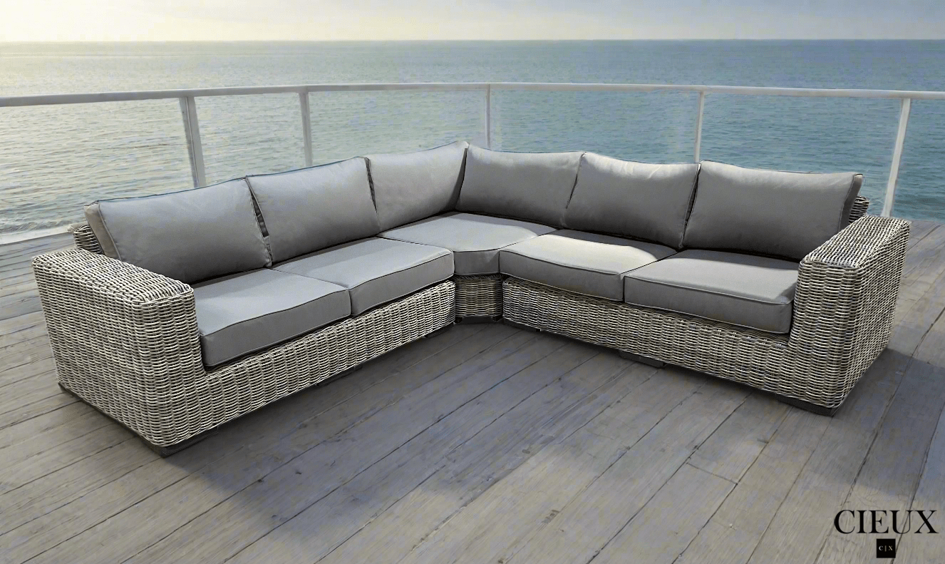 CIEUX Champagne Outdoor Patio Wicker Corner Sectional Sofa in Grey with Sunbrella Cushions, image 2