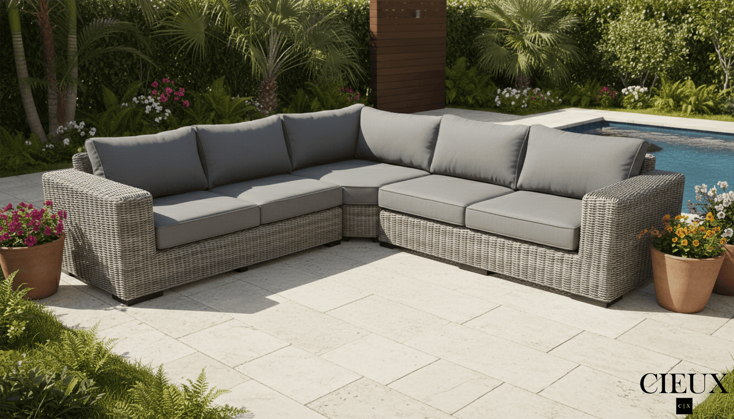 CIEUX Champagne Outdoor Patio Wicker Corner Sectional Sofa in Grey with Sunbrella Cushions, image 1