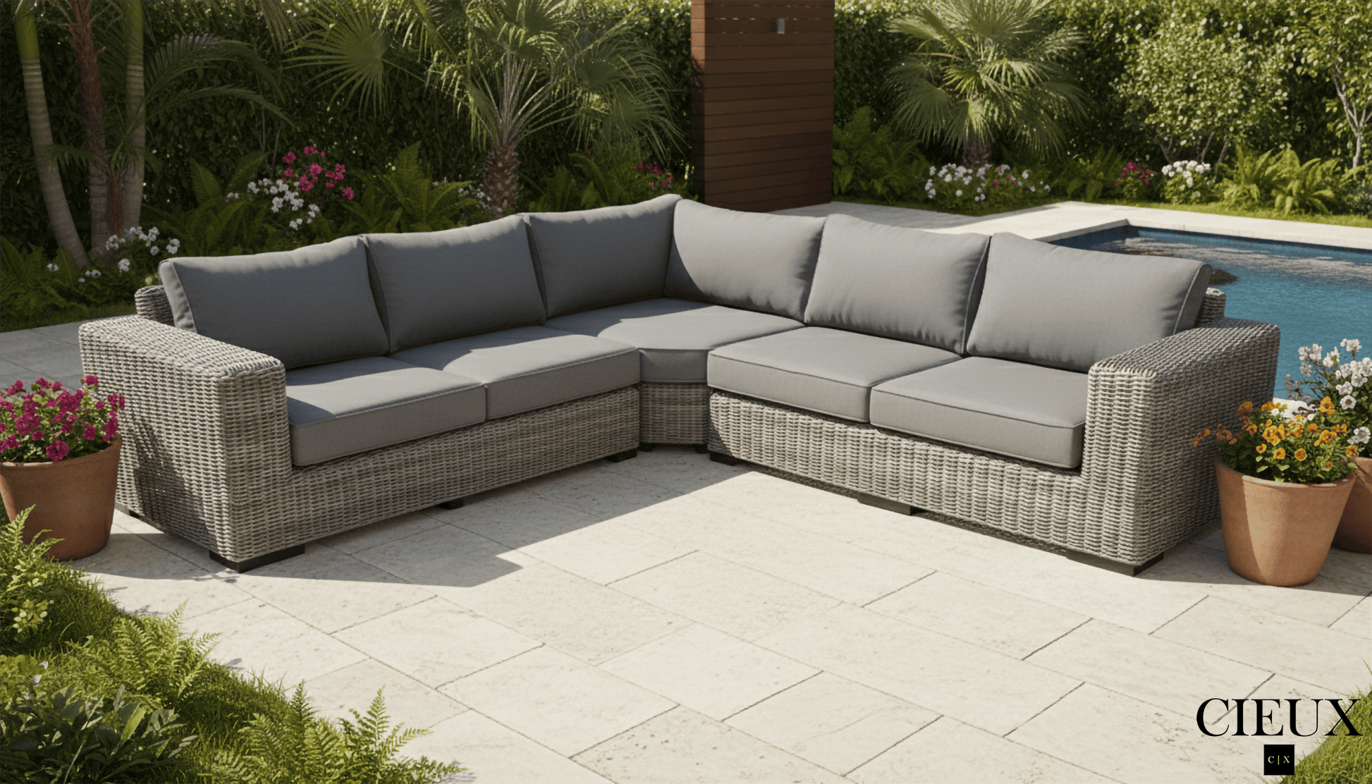 CIEUX Champagne Outdoor Patio Wicker Corner Sectional Sofa in Grey with Sunbrella Cushions, image 1