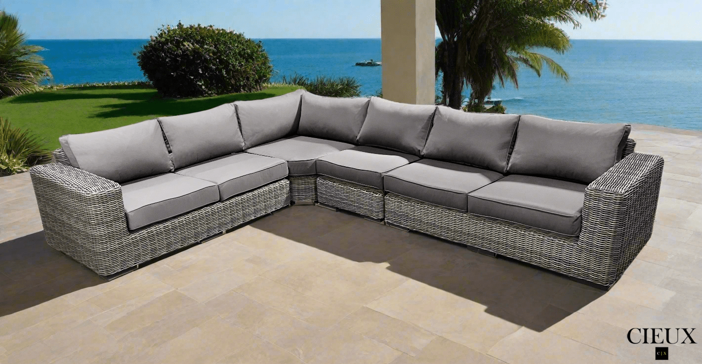 CIEUX Champagne Outdoor Patio Wicker L Shaped Sectional Sofa in Grey with Sunbrella Cushions, image 6