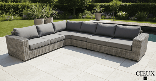 CIEUX Sectional Champagne Outdoor Patio Wicker L-Shaped Sectional Sofa in Grey with Sunbrella Cushions - Available in 2 Colours