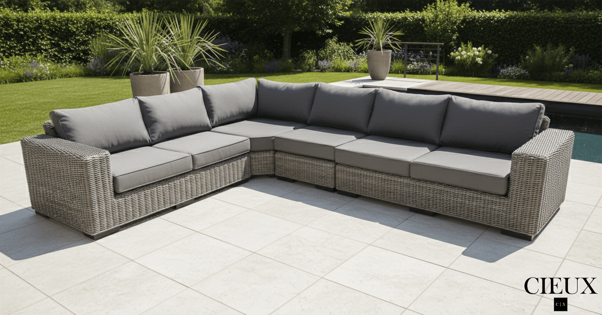 CIEUX Champagne Outdoor Patio Wicker L Shaped Sectional Sofa in Grey with Sunbrella Cushions, image 1