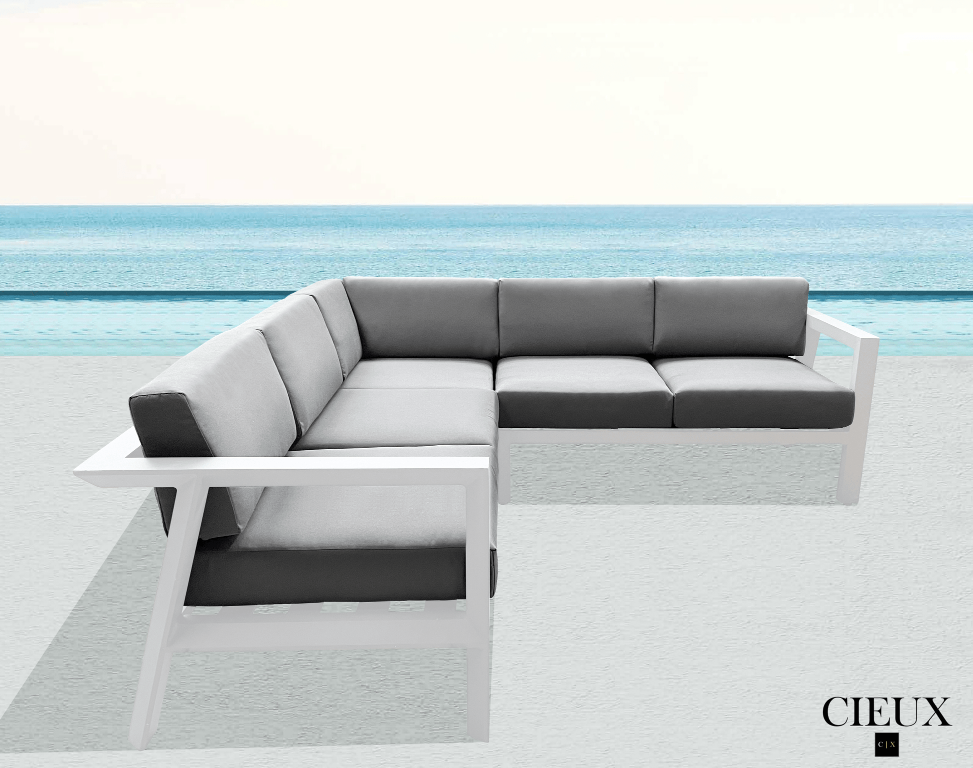 CIEUX Corsica Outdoor Patio Aluminum Metal Corner Sectional Sofa in White with Sunbrella Cushions, image 2