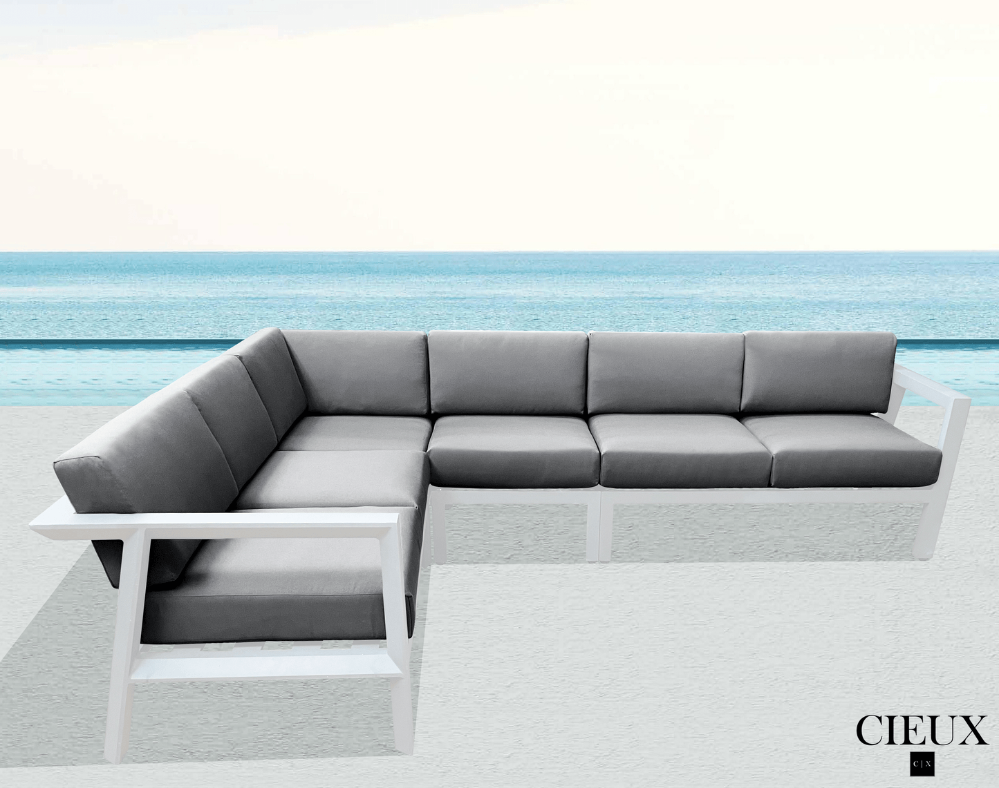 CIEUX Corsica Outdoor Patio Aluminum Metal L Shaped Sectional Sofa in White with Sunbrella Cushions, image 1
