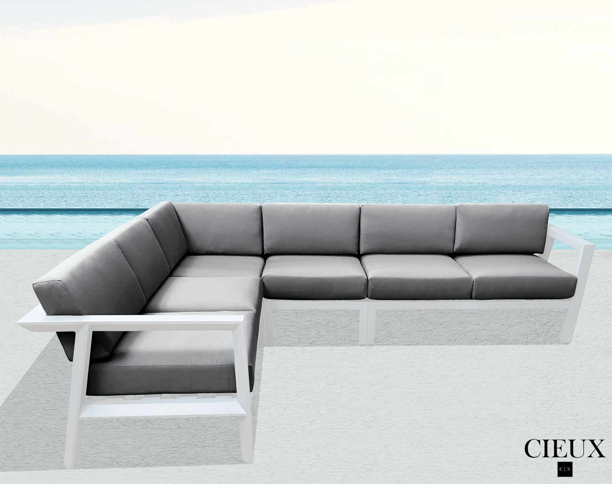 CIEUX Corsica Outdoor Patio Aluminum Metal L Shaped Sectional Sofa in White with Sunbrella Cushions, image 1
