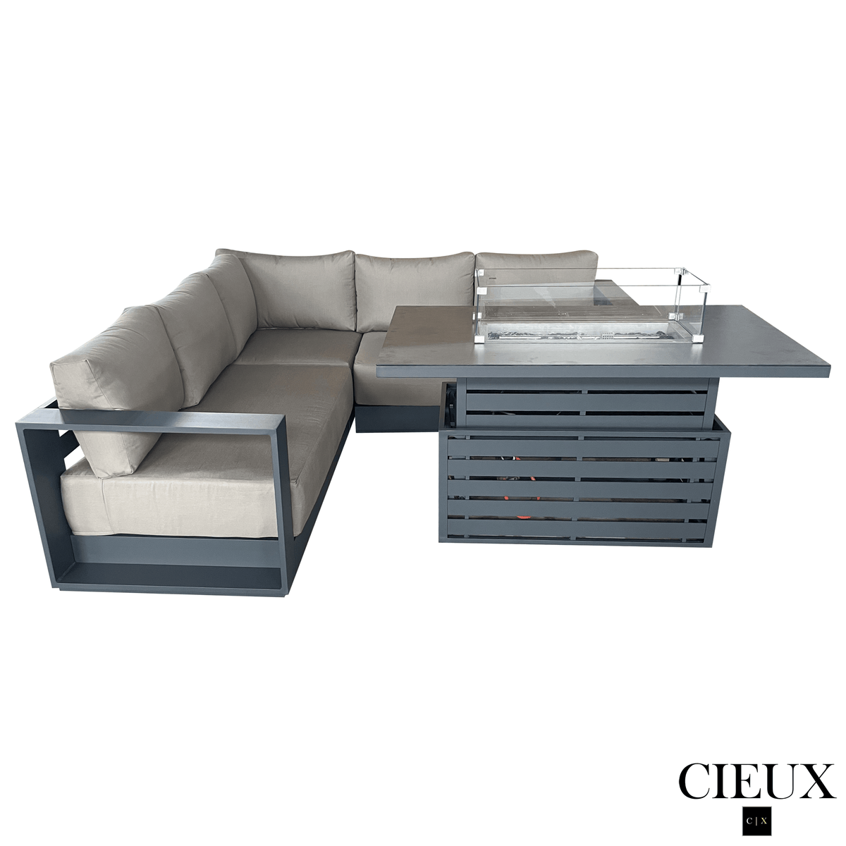 CIEUX Lyon 2 Piece Outdoor Patio Aluminum Metal Corner Sectional and Alsace Fire Pit Adjustable Height Table in Midnight Grey with Sunbrella Cushions, image 15