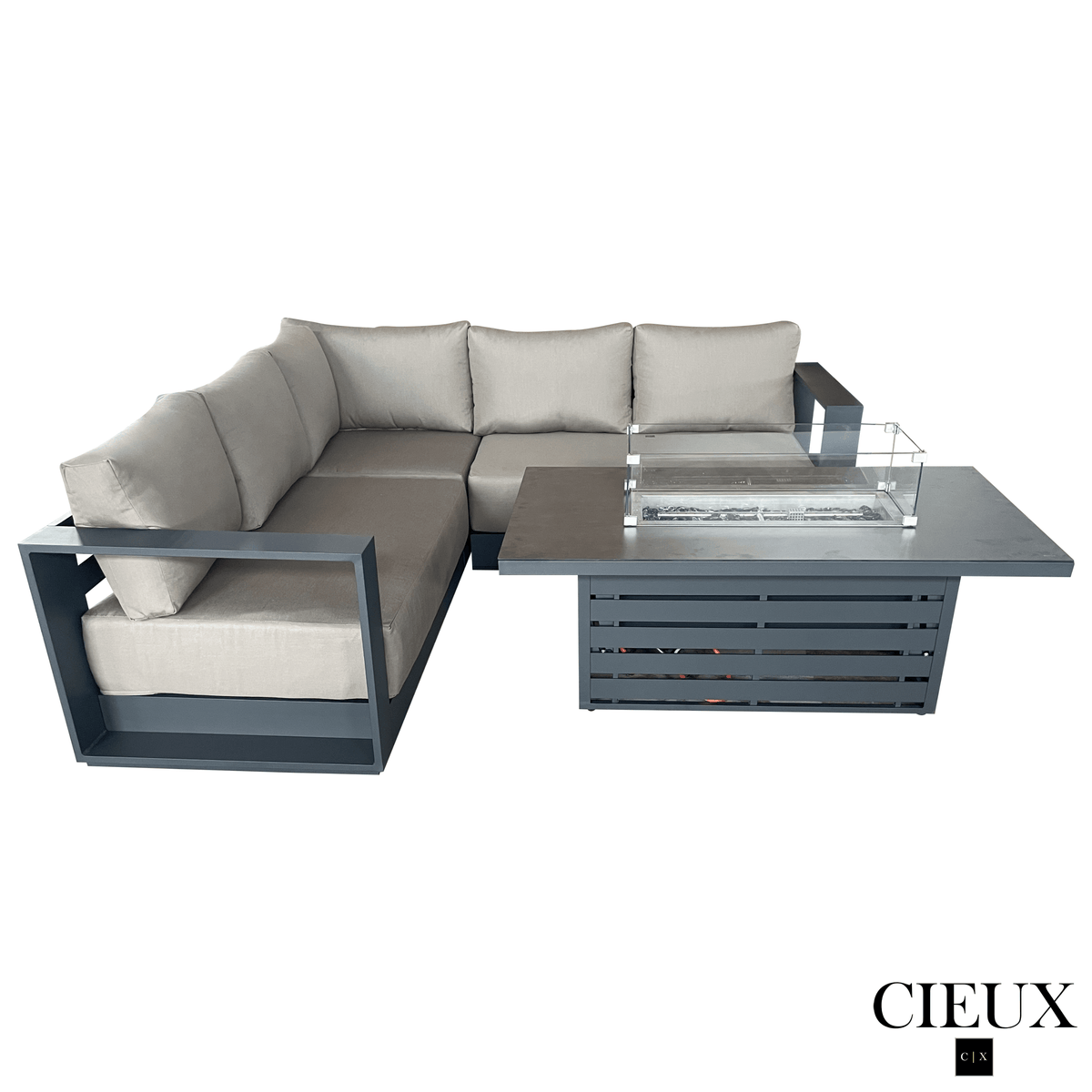 CIEUX Lyon 2 Piece Outdoor Patio Aluminum Metal Corner Sectional and Alsace Fire Pit Adjustable Height Table in Midnight Grey with Sunbrella Cushions, image 16