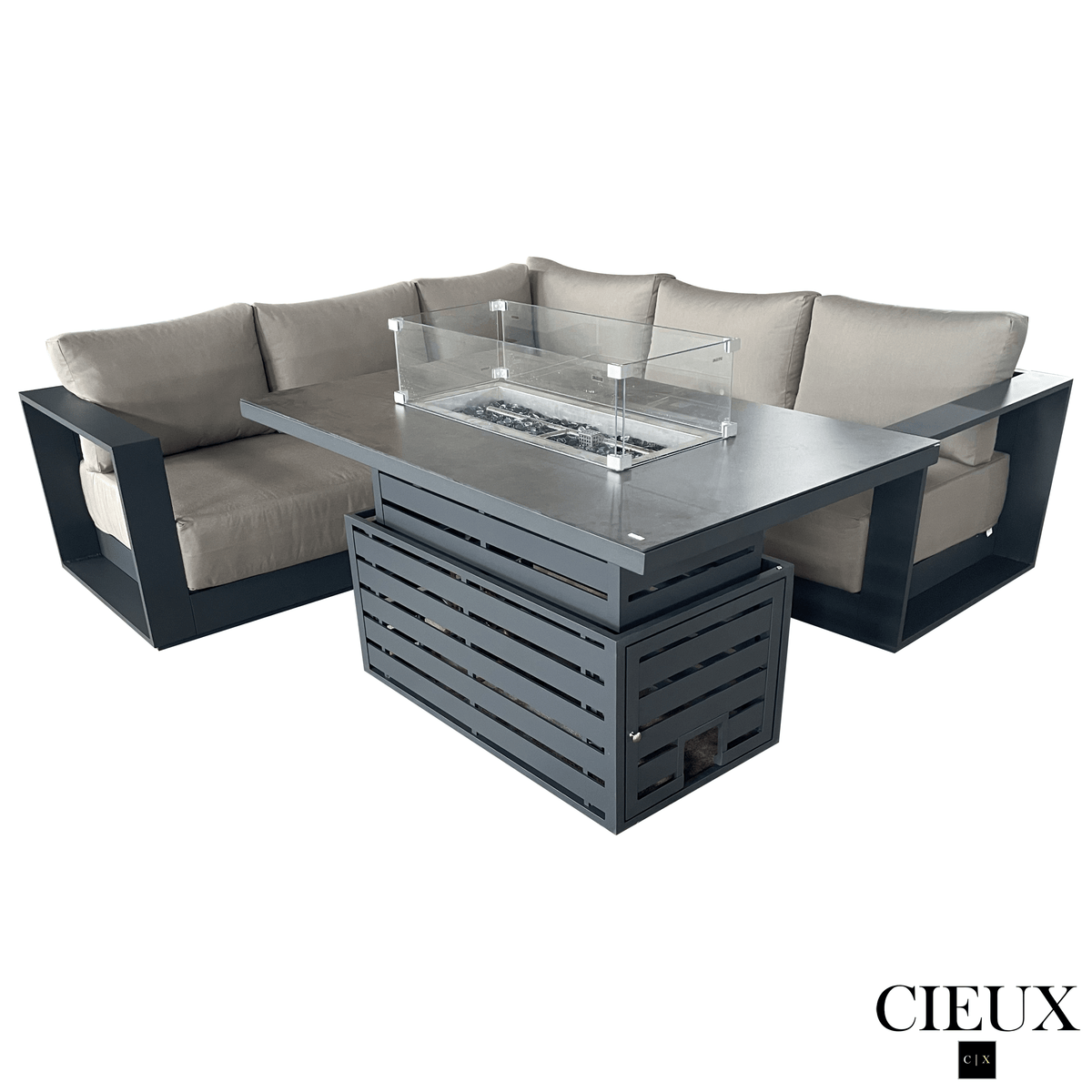 CIEUX Lyon 2 Piece Outdoor Patio Aluminum Metal Corner Sectional and Alsace Fire Pit Adjustable Height Table in Midnight Grey with Sunbrella Cushions, image 13