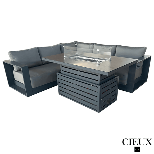 Cieux Sectional Lyon 2 Piece Outdoor Patio Aluminum Metal Corner Sectional and Alsace Fire Pit Adjustable Height Table in Midnight Grey with Sunbrella Cushions in Canvas Charcoal