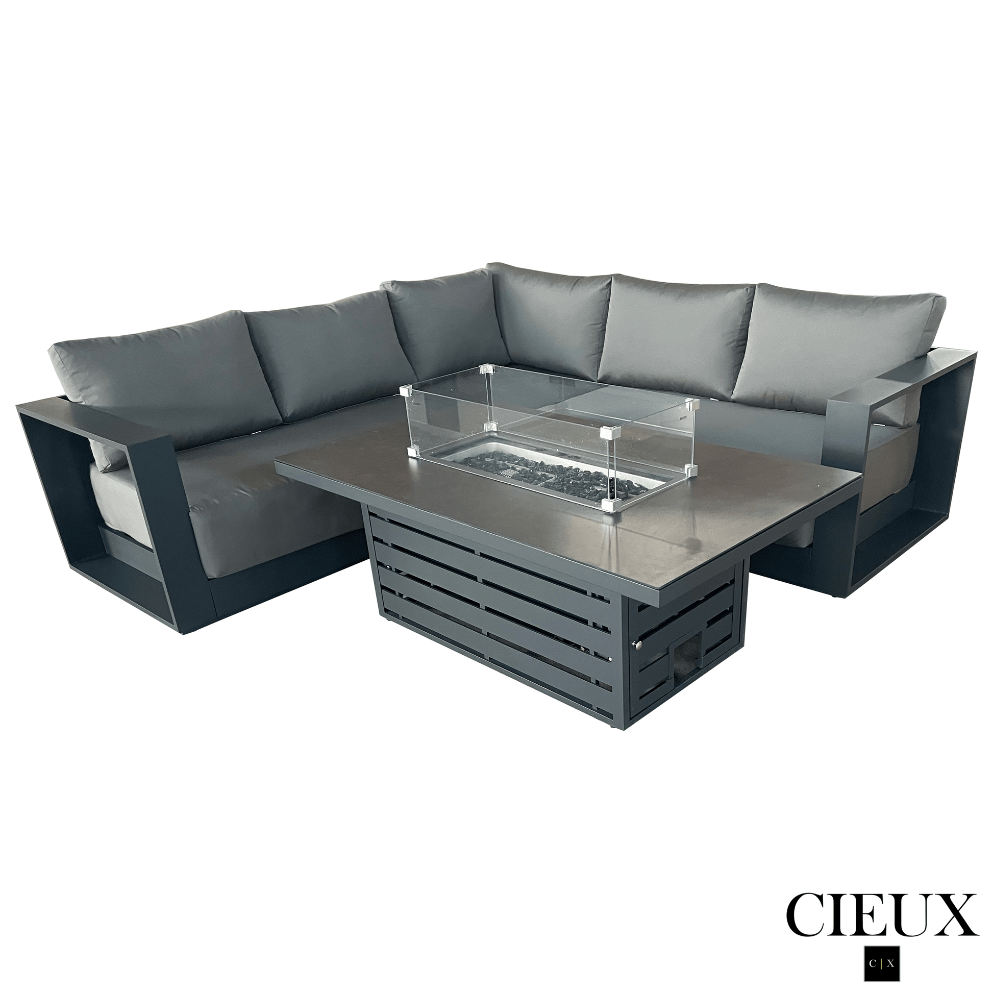 CIEUX Lyon 2 Piece Outdoor Patio Aluminum Metal Corner Sectional and Alsace Fire Pit Adjustable Height Table in Midnight Grey with Sunbrella Cushions in Canvas Charcoal, image 3