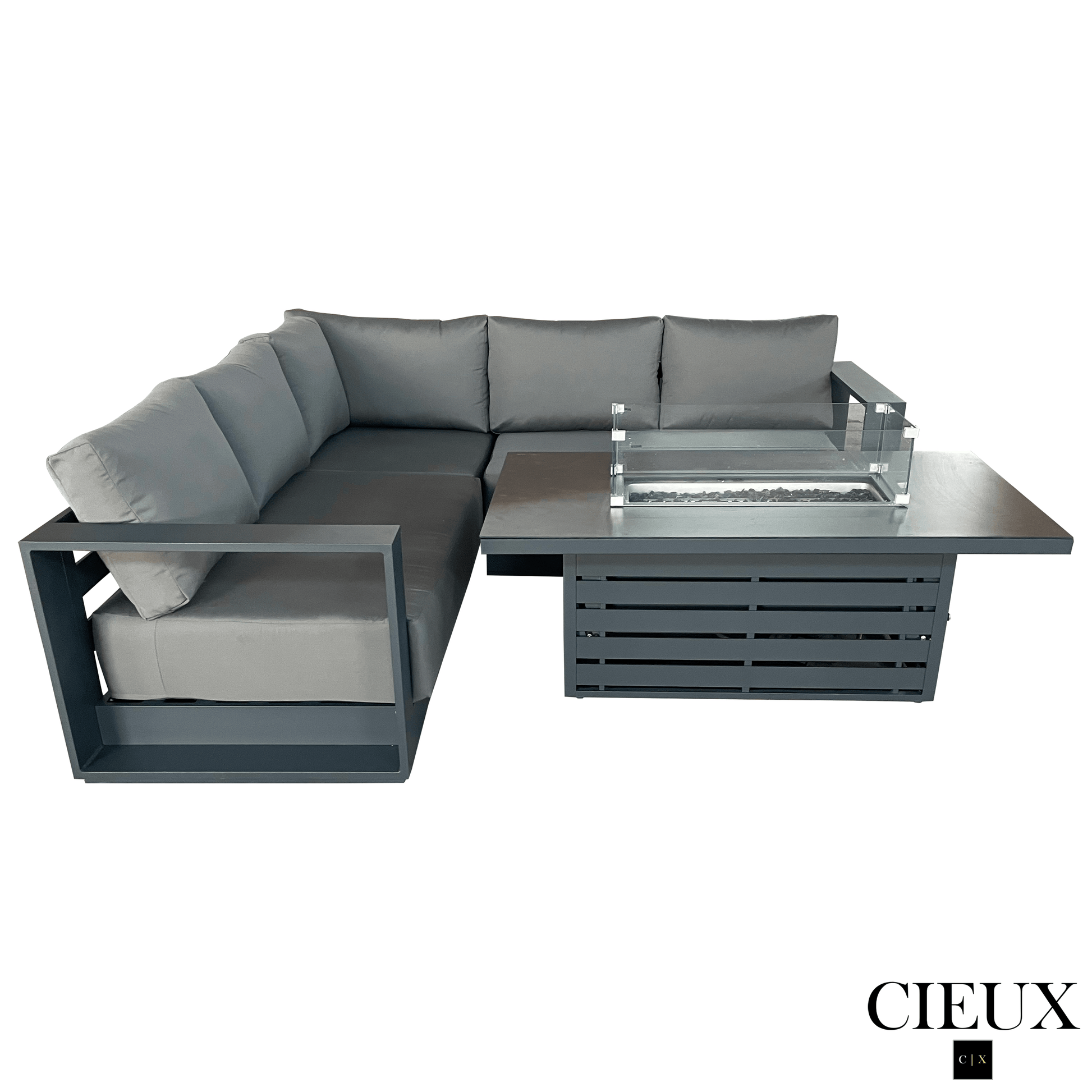 CIEUX Lyon 2 Piece Outdoor Patio Aluminum Metal Corner Sectional and Alsace Fire Pit Adjustable Height Table in Midnight Grey with Sunbrella Cushions in Canvas Charcoal, image 5