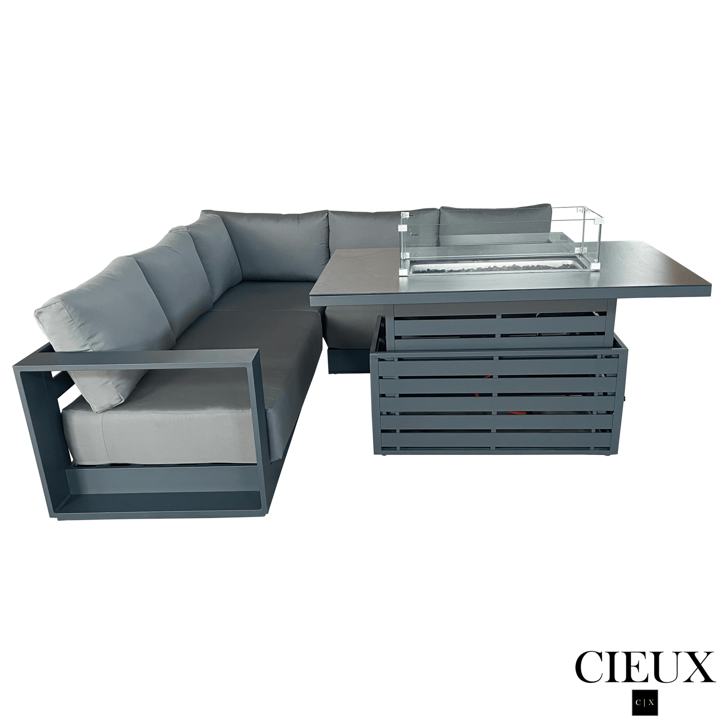 CIEUX Lyon 2 Piece Outdoor Patio Aluminum Metal Corner Sectional and Alsace Fire Pit Adjustable Height Table in Midnight Grey with Sunbrella Cushions in Canvas Charcoal, image 4