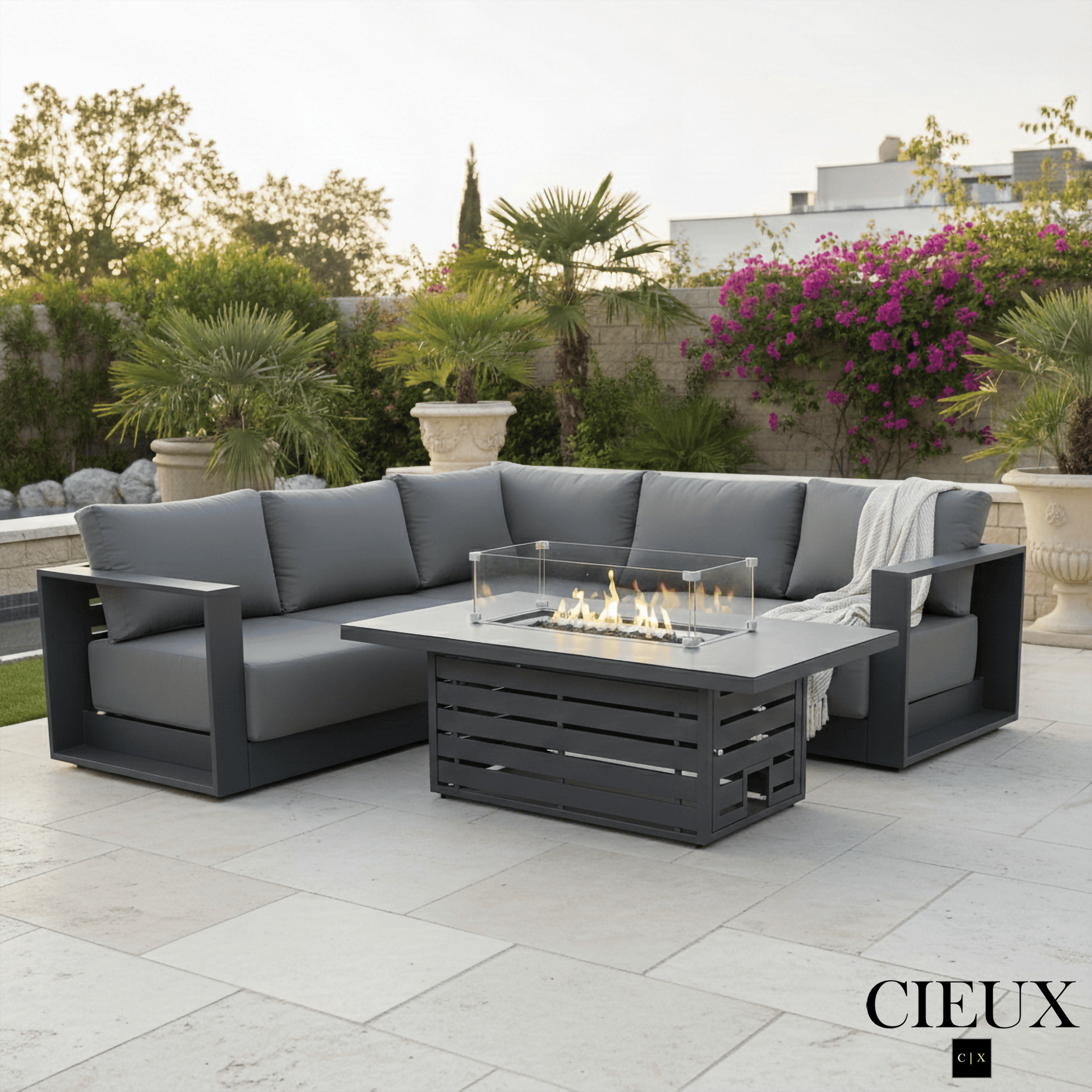 CIEUX Lyon 2 Piece Outdoor Patio Aluminum Metal Corner Sectional and Alsace Fire Pit Adjustable Height Table in Midnight Grey with Sunbrella Cushions in Canvas Charcoal, image 1
