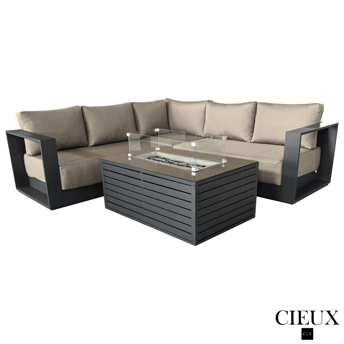 CIEUX Lyon 2 Piece Outdoor Patio Aluminum Metal Corner Sectional and Annency Fire Pit Coffee Table in Midnight Grey with Sunbrella Cushions, image 9