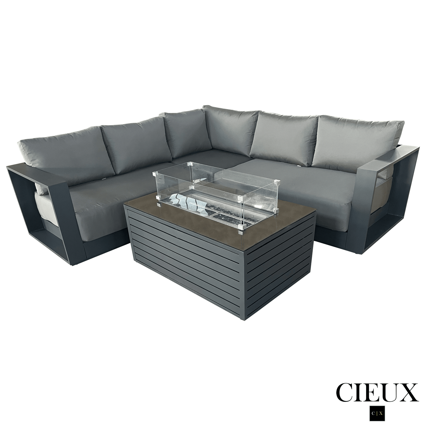 CIEUX Lyon 2 Piece Outdoor Patio Aluminum Metal Corner Sectional and Annency Fire Pit Coffee Table in Midnight Grey with Sunbrella Cushions in Canvas Charcoal, image 2
