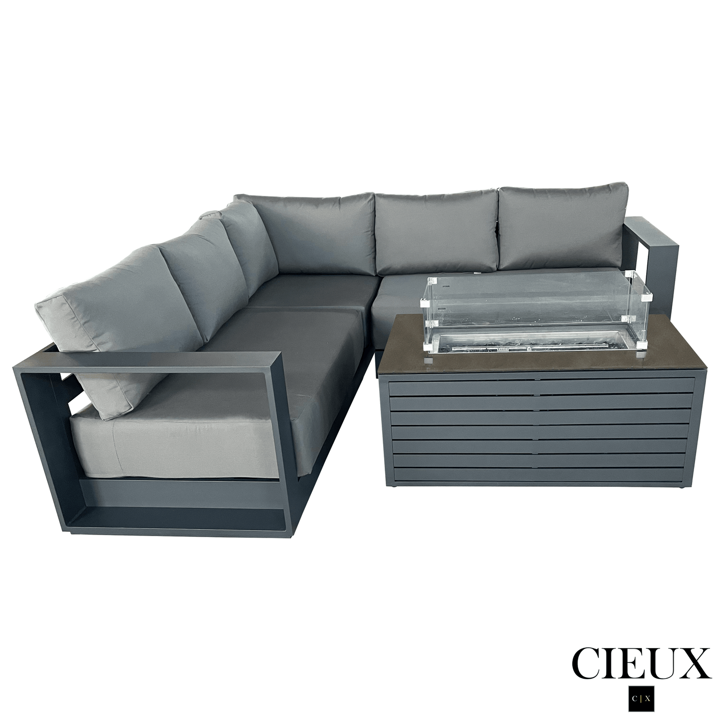 CIEUX Lyon 2 Piece Outdoor Patio Aluminum Metal Corner Sectional and Annency Fire Pit Coffee Table in Midnight Grey with Sunbrella Cushions in Canvas Charcoal, image 3