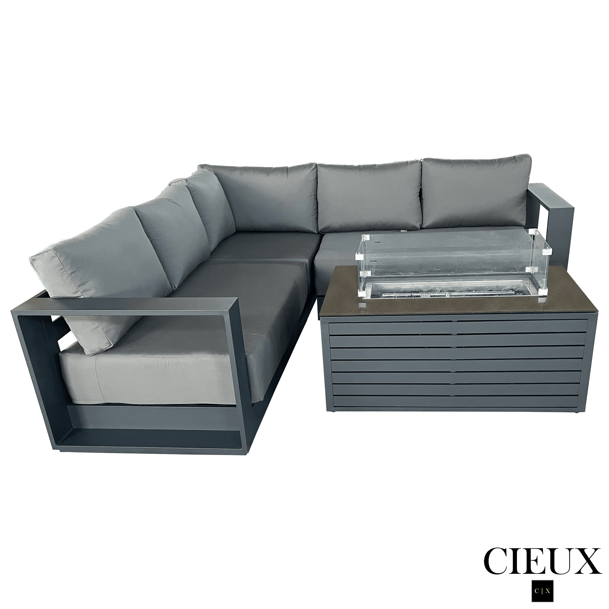 CIEUX Lyon 2 Piece Outdoor Patio Aluminum Metal Corner Sectional and Annency Fire Pit Coffee Table in Midnight Grey with Sunbrella Cushions in Canvas Charcoal, image 3