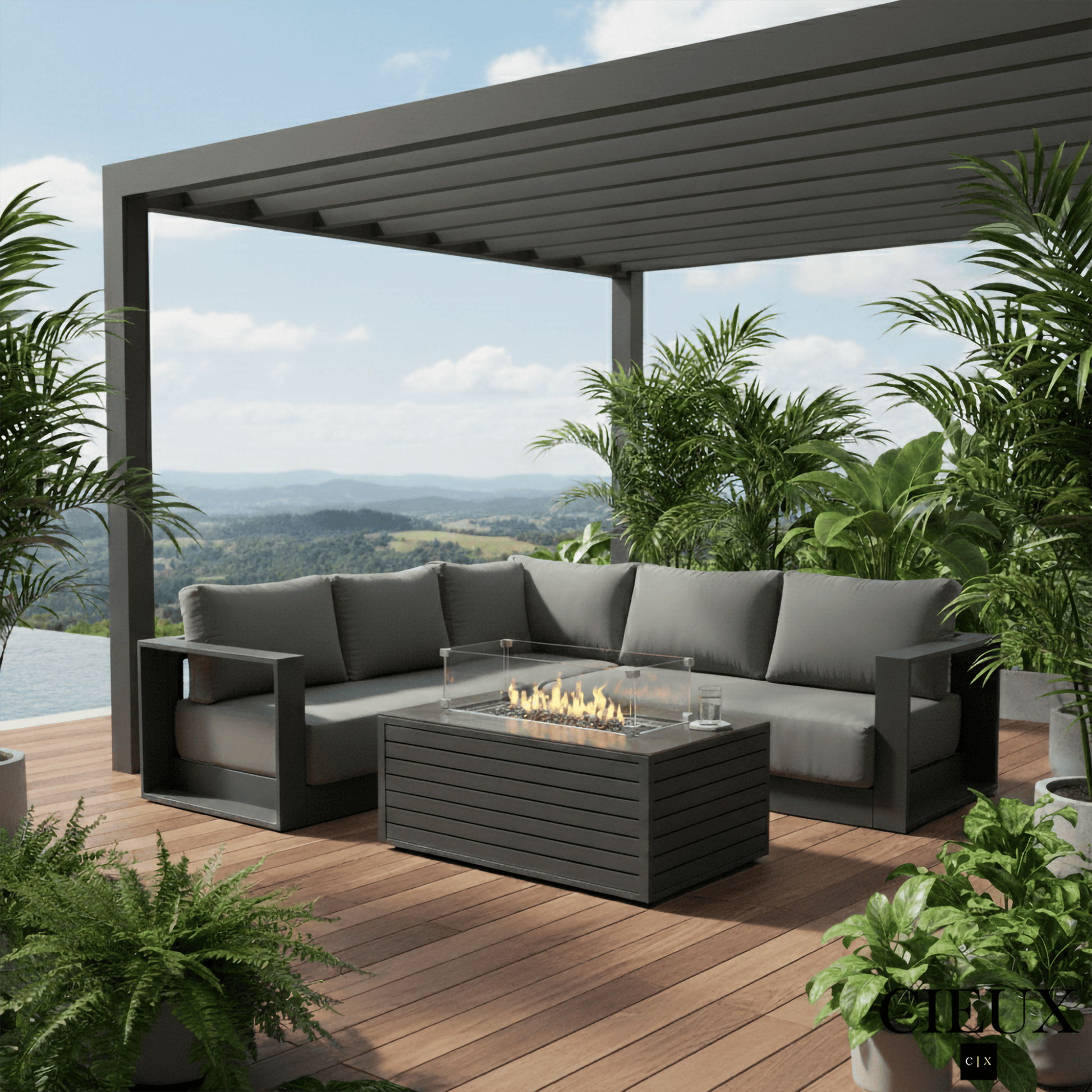 CIEUX Lyon 2 Piece Outdoor Patio Aluminum Metal Corner Sectional and Annency Fire Pit Coffee Table in Midnight Grey with Sunbrella Cushions in Canvas Charcoal, image 1